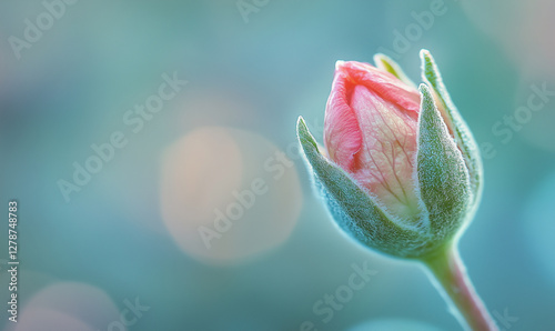 Macro photo of a budding flower in close-up on a blue background. Generated by artificial intelligence.