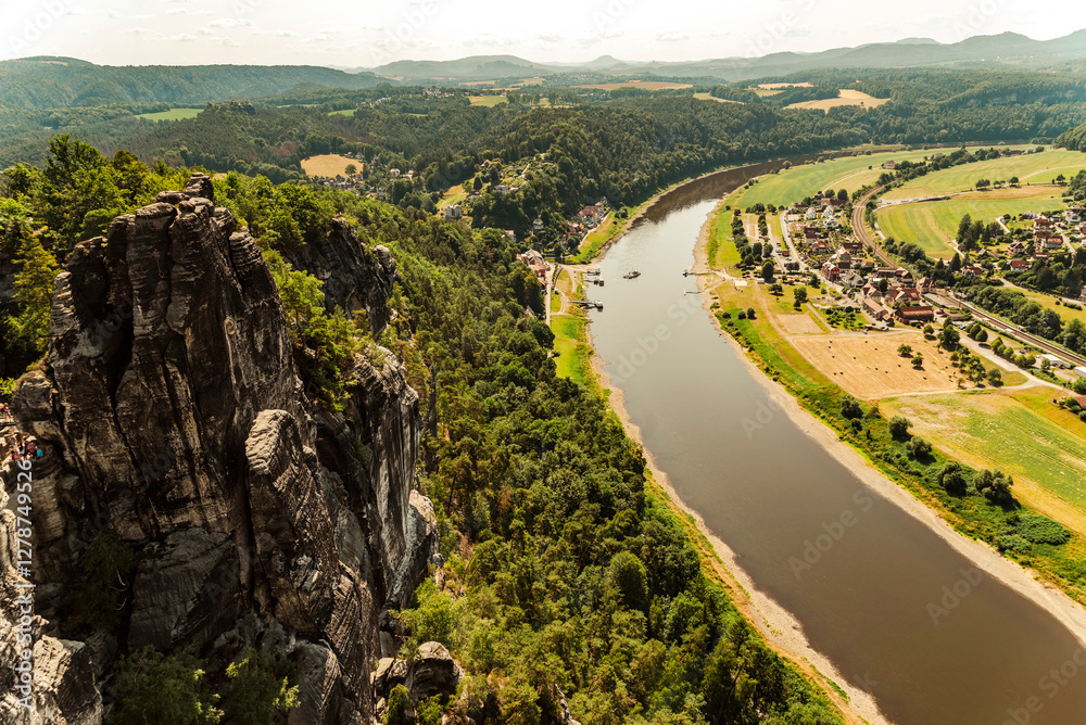 Fototapeta premium Beautiful views and natural landscapes with rocks from the Saxon Switzerland Mountains in Germany.