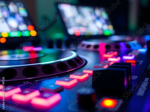 Wallpaper Mural DJ Gear Illuminated: An intimate close-up unveils the intricate details of professional DJ equipment, illuminated by a symphony of vibrant colors. The turntable and mixer command attention. Torontodigital.ca