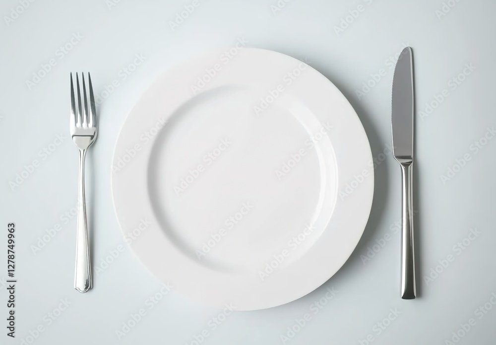 White plate with knife and fork on a white background, top view. White plate with knife and fork on a white background, top view.