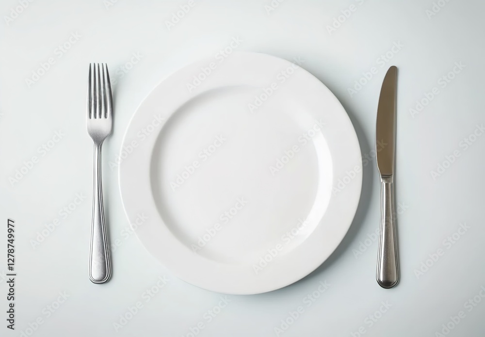 White plate with knife and fork on a white background, top view. White plate with knife and fork on a white background, top view.