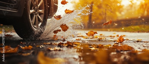 Fototapeta Naklejka Na Ścianę i Meble -  Car driving through wet autumn leaves on a rainy road creating splashes, capturing seasonal beauty and vibrant fall scenery in nature.