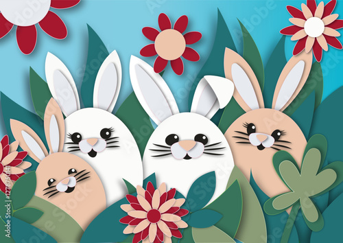 Colorful vector illustration in paper cut-out style of a cute Easter bunny family in a spring meadow. Bright flowers, green grass, and warm wood tones, for Easter, spring, kids, nature, cards.