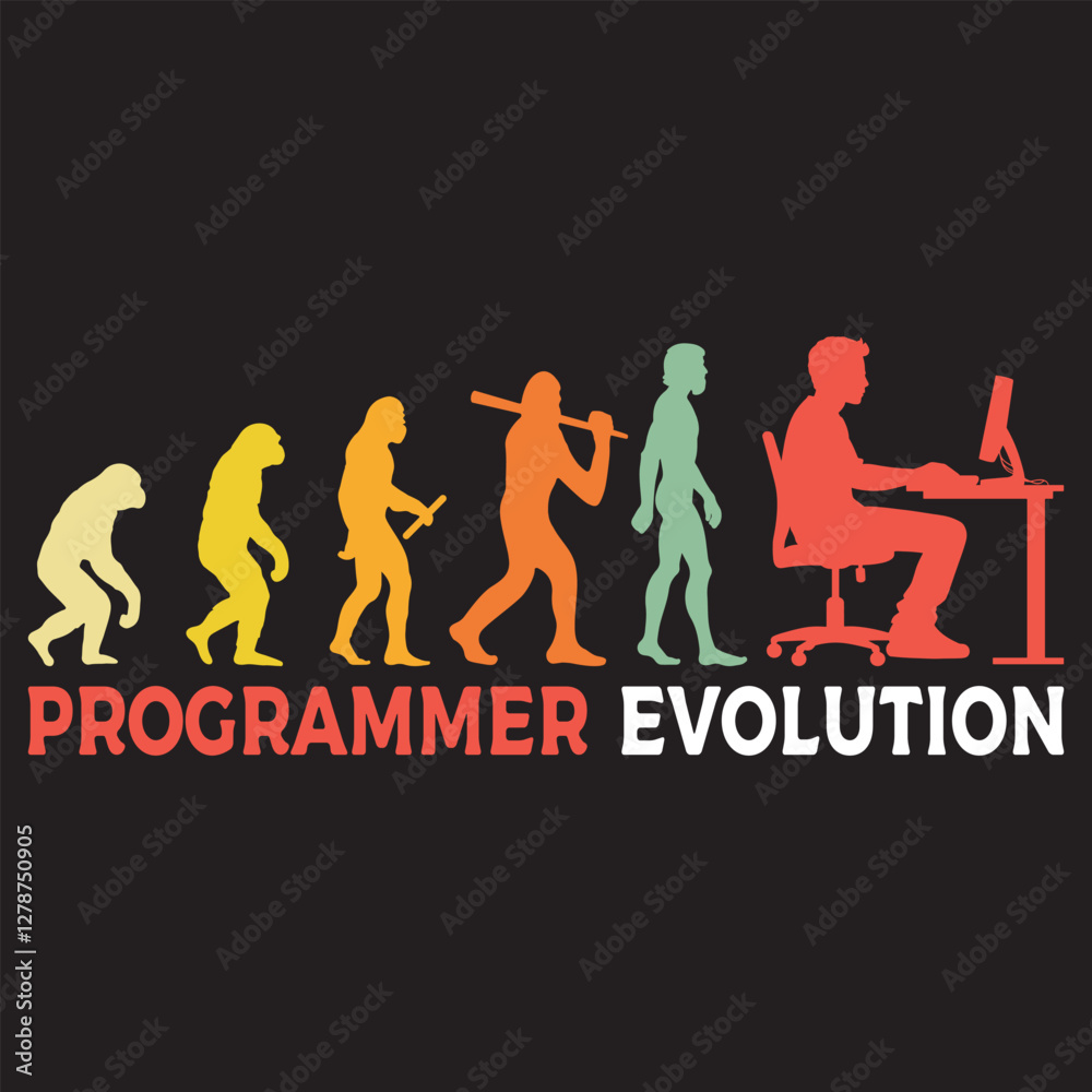 programmer Evolution vector illustration, Human Evolution Silhouette Design, evolution of man T-shirt

