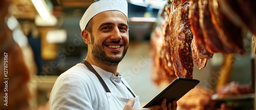 Butcher working in a meat shop smiling while holding a tablet displaying inventory in a busy marketplace environment with fresh cuts of meat hanging. photo