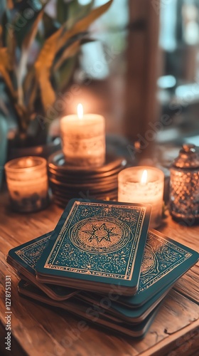 Candles, tarot cards, wooden table, plants, mystical ambiance