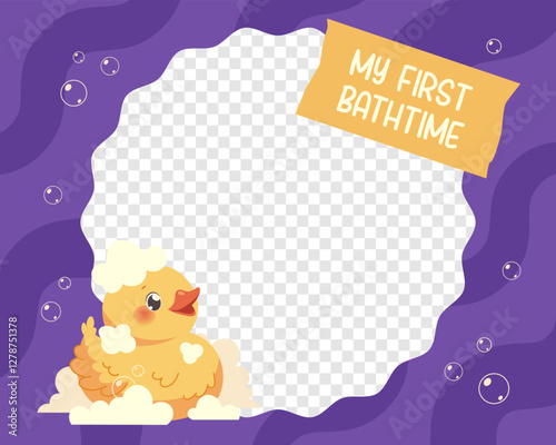 Picture frame for baby or newborn. My first bathtime, photo frame for baby's first year. Vector cartoon template