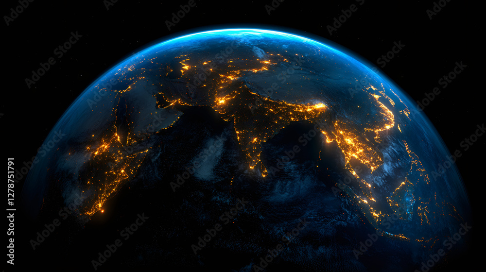 Fototapeta premium Highly detailed Earth showing city lights at night over Asia and India, revealing human impact on the planet
