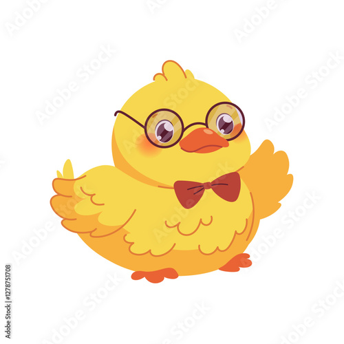 Cute kawaii duck on white background. Yellow duckling with glasses and bow tie. Vector cartoon character