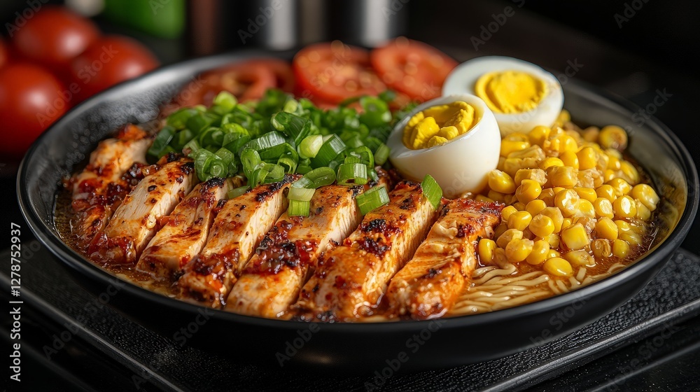 Fototapeta premium Spicy Chicken Ramen Noodles, garnished with corn and egg, served on a black plate. Possible use Stock photography for food blogs, restaurants, or recipe websites