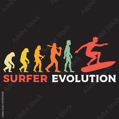 surfer Evolution vector illustration, Human Evolution Silhouette Design, evolution of man T-shirt
