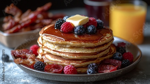 Stacked pancakes with berries, bacon and butter, breakfast scene photo