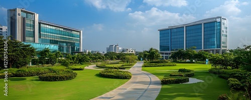The tranquil beauty of Hyderabad’s tech parks, with green lawns, sleek office buildings, and the sounds of a busy professional city