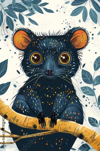 A whimsical illustration of a black koala-like creature perched on a branch amidst leaves. photo