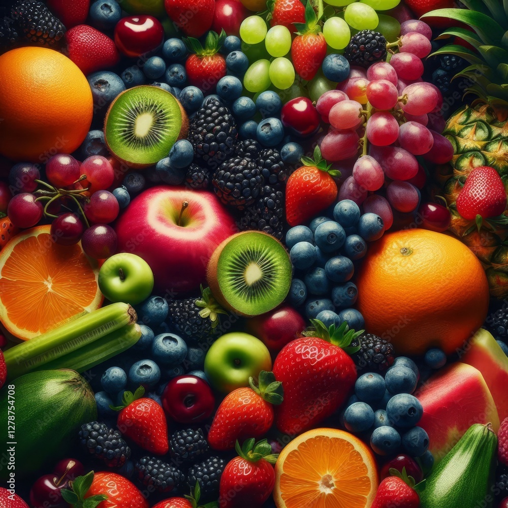 A vibrant, close-up shot showcases a bountiful array of fresh fruits and vegetables, artfully arranged to create a visually appealing composition
A vibrant, close-up shot showcases a bountiful array of fresh fruits and vegetables, artfully arranged to create a visually appealing composition