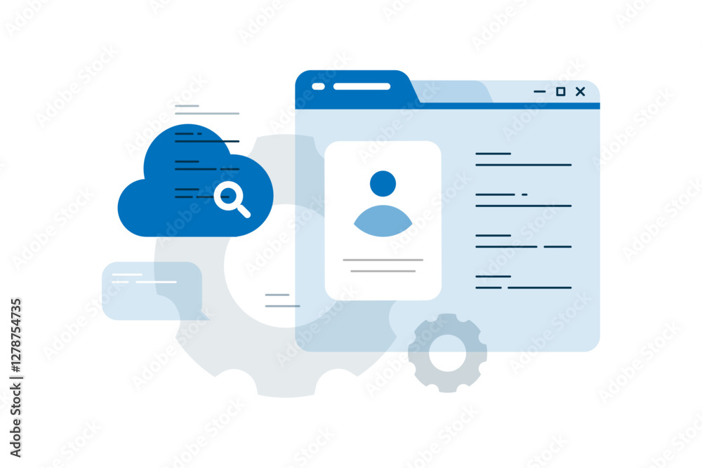Flat illustration of a user history page featuring an avatar, clouds, text, and UI elements. This concept represents data search history, personalized recommendations, user preferences or behavior Flat illustration of a user history page featuring an avatar, clouds, text, and UI elements. This concept represents data search history, personalized recommendations, user preferences or behavior