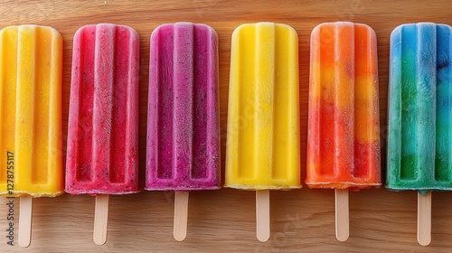 Colorful and refreshing row of popsicles ready to enjoy on a warm summer day