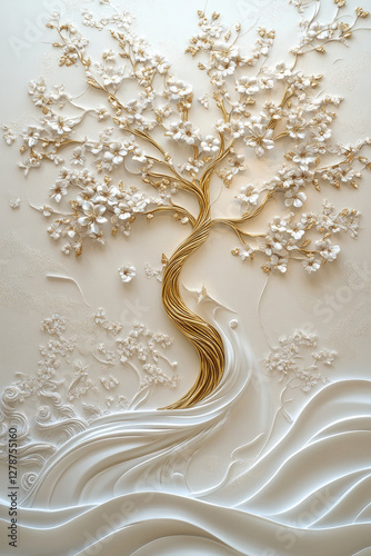 A luxurious 3D mural wallpaper featuring elegant white waves flowing across a soft cream background, with a golden tree adorned with intricate gold embellishments on its branches, perfect for 