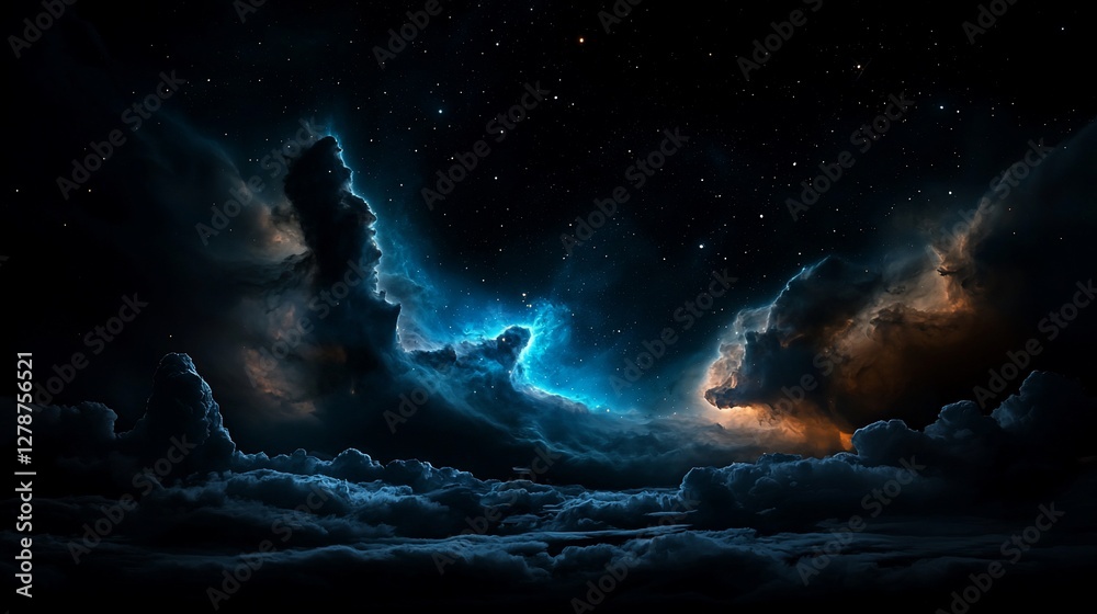Naklejka premium Cosmic nebula cloudscape with vibrant blue and orange hues against a starlit backdrop.