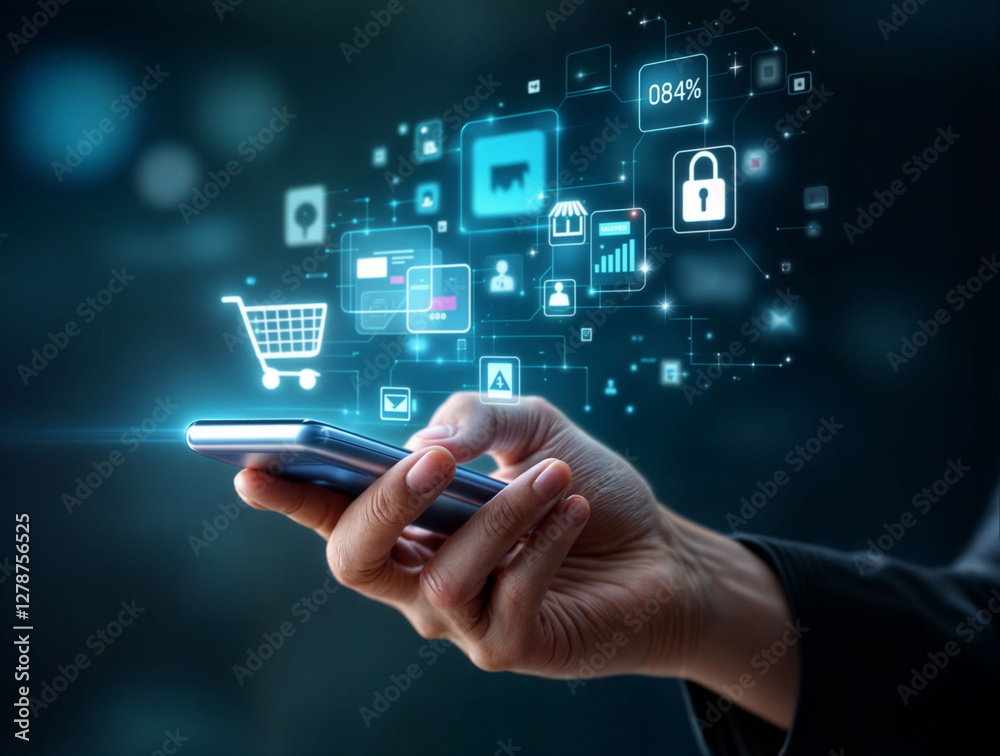 Hand holding smartphone with online shopping app on virtual screen