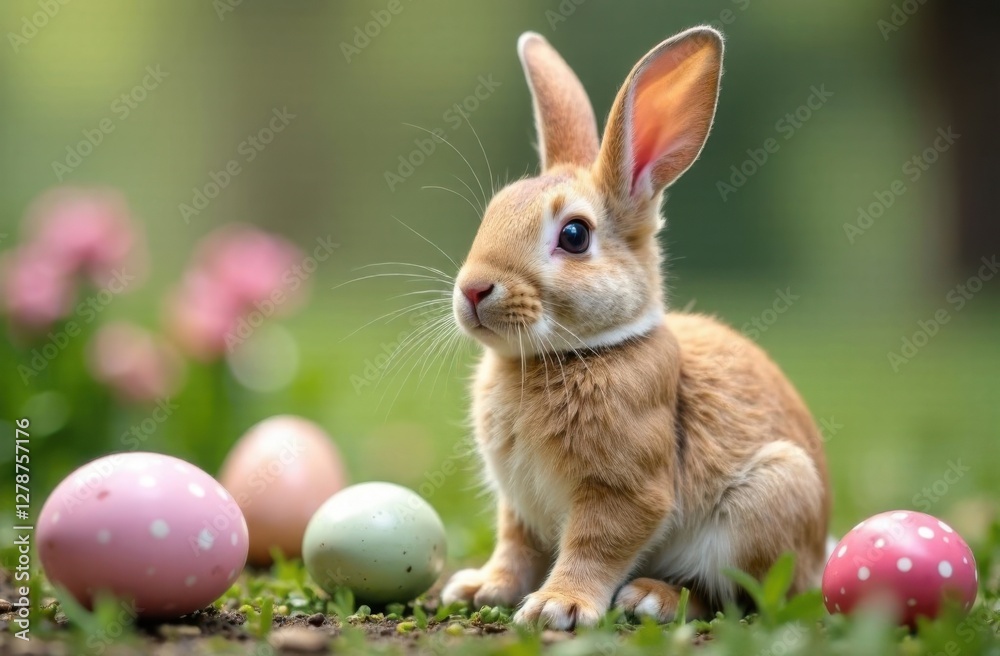 Fototapeta premium Adorable bunny sitting on green grass surrounded by colorful Easter eggs with a soft blurred background