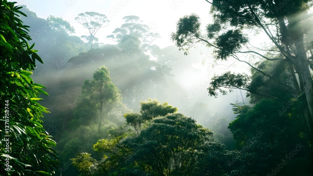 Fototapeta premium Lush tropical rainforest with misty atmosphere