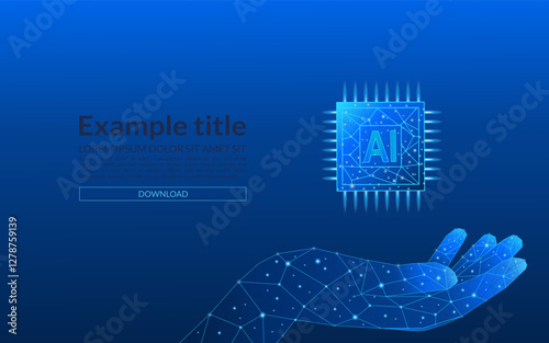 Abstract digital AI chip on low poly technology wireframe palm. Artificial intelligence technology background. Semiconductor or microchip protection