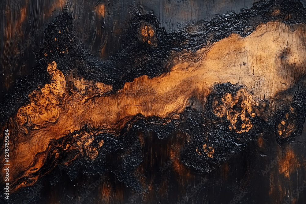 A painting of a burnt tree trunk with a dark background A painting of a burnt tree trunk with a dark background
