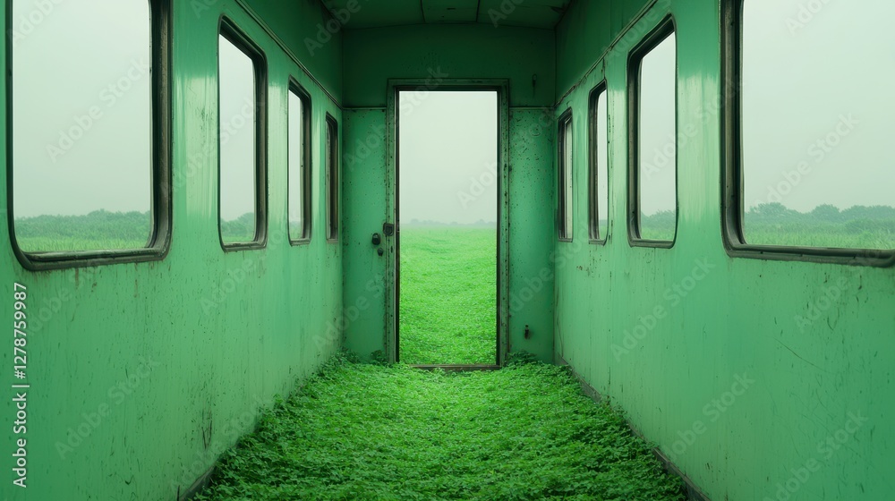 Obraz premium An abandoned green room opens to a vast field, blending nature with the remnants of human structure, evoking a sense of tranquility and solitude.