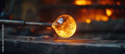 A glowing molten glass sphere, fiercely radiant, captures the raw beauty in the art of glassblowing amid fiery surroundings. photo