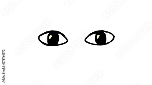 Cartoon eyes slowly glances sideways, to side animation. Hand drawn flat doodle moving eyes emoji part of face. Facial expression. Black outline, line art style frame by frame. Alpha channel 
