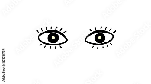 Cartoon eyes with eyelashes blink animation. Hand drawn flat doodle moving eyes emoji part of face. Facial expression. Black outline, line art style frame by frame. Alpha channel