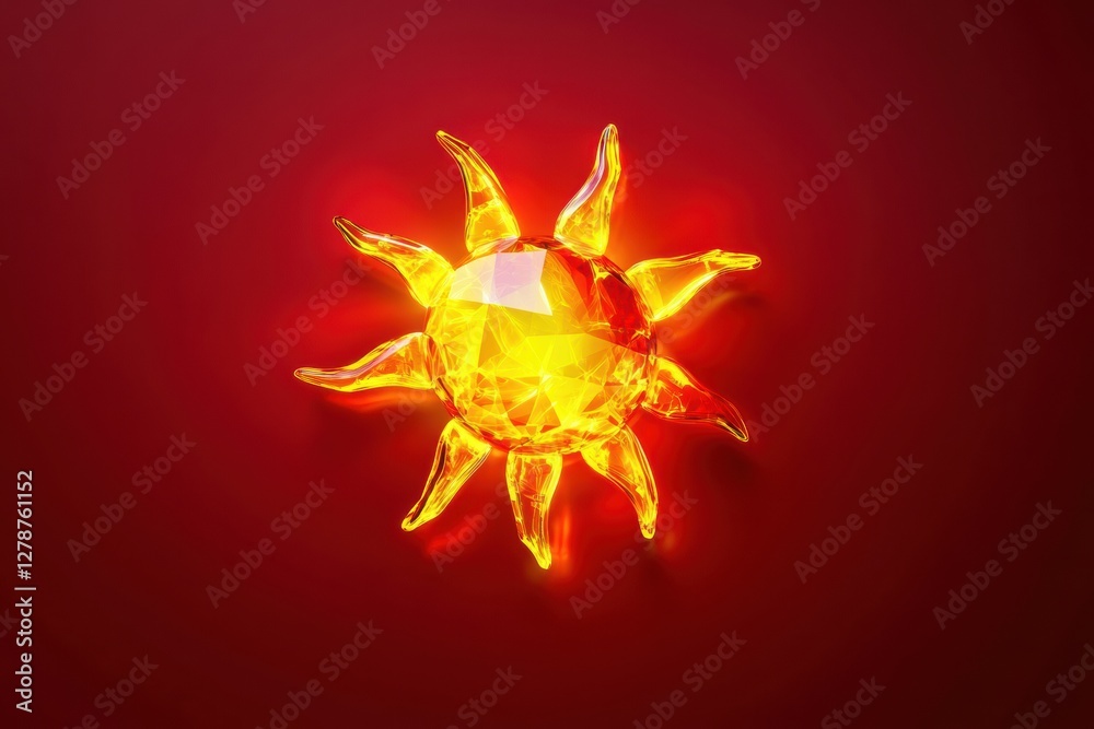 Obraz premium Front view and sun icon in the center of backdrop, neon light effect, dark red background, 3D rendering, isometric view, high-resolution photography,