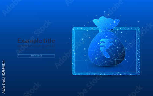 Abstract tablet close-up concept of savings or financial gain with rupees. Money bag with rupee coins in low poly style