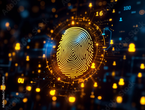 Fingerprint scanner glowing with quantum encryption symbols, representing the future of biometric security. photo