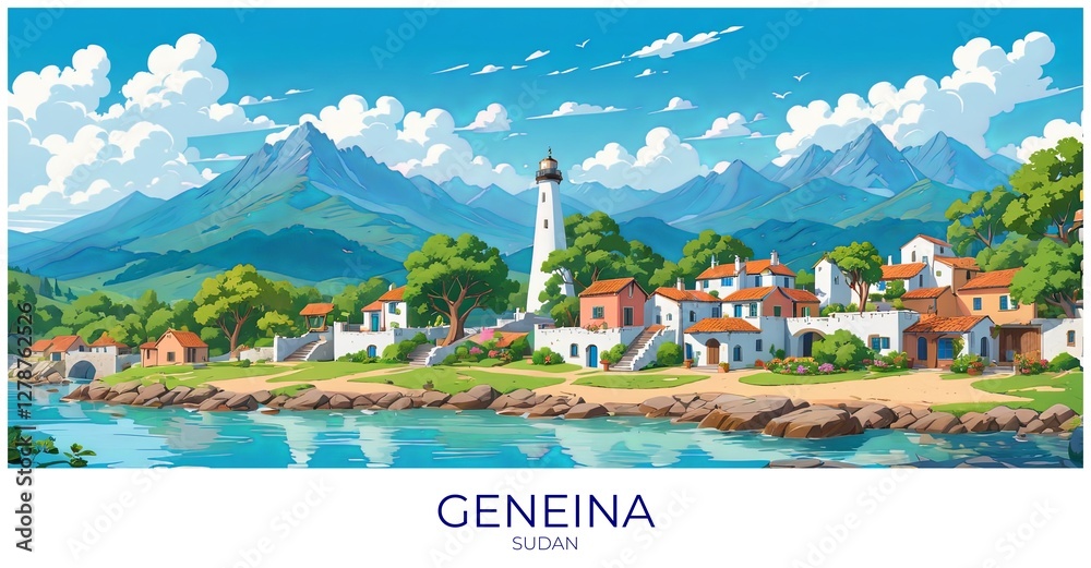 Naklejka premium Geneina Sudan Travel Poster Flat Illustration Print Decor Gift Canvas Wall Art
