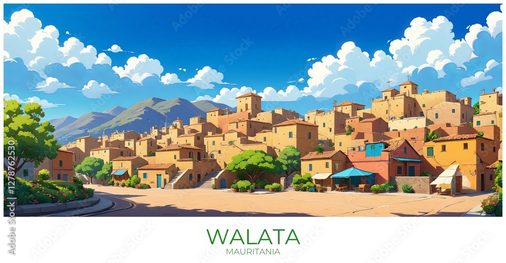 Obraz premium Walata Mauritania Travel Poster Flat Illustration Print Decor Gift Canvas Wall Art
