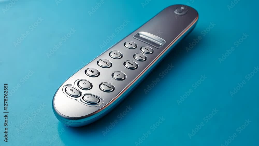 Modern remote control placed on a blue surface showcasing its sleek design and functional buttons Modern remote control placed on a blue surface showcasing its sleek design and functional buttons