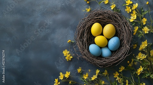 Easter background with yellow and blue eggs in nest on a happy ester background, spring bloosom around. Top view with copy space