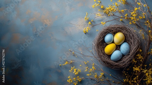 Easter background with yellow and blue eggs in nest on a happy ester background, spring bloosom around. Top view with copy space