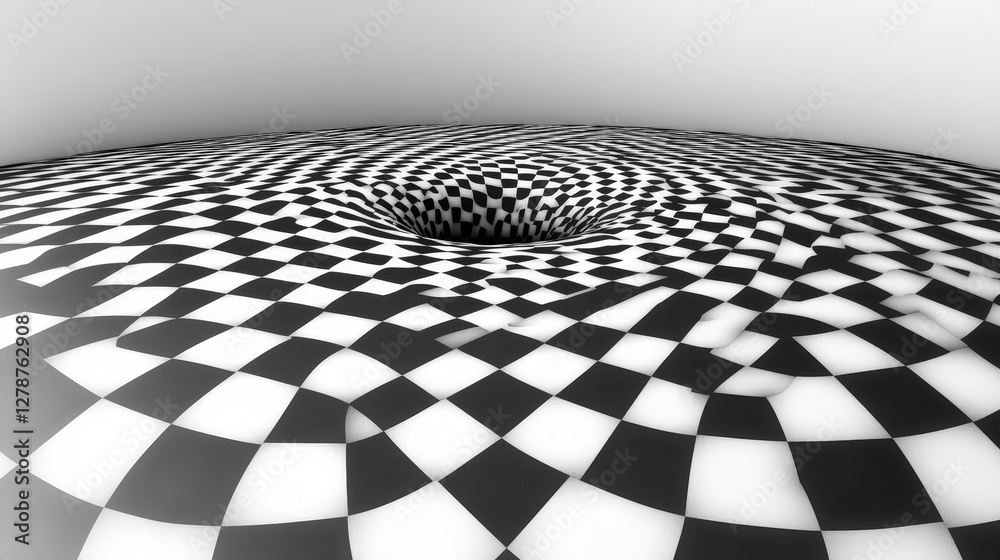 Naklejka premium Black and White Checkered Surface with a Circular Depression and Optical Illusion Effect