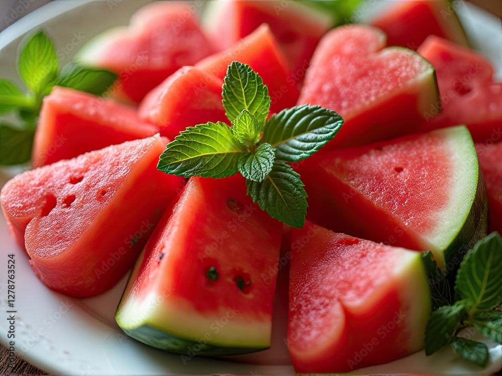 Heart-Shaped Watermelon Slices with Mint Garnish Heart-Shaped Watermelon Slices with Mint Garnish