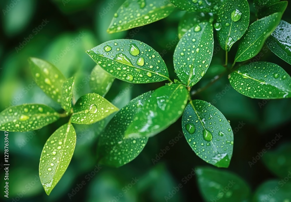 Fototapeta premium Close-up of green leaves with water droplets, a fresh and natural background.