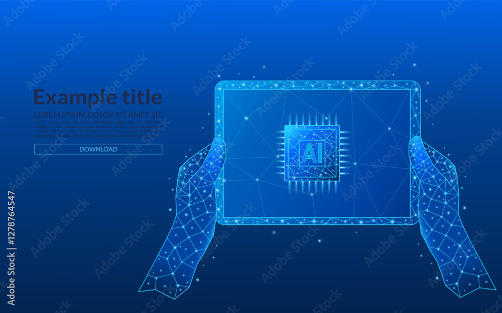 Obraz premium Hands holding smart tablet close-up. Abstract blue technology digital AI chip on tablet screen. AI technology concept. Processor with circuit lines and letters A and I