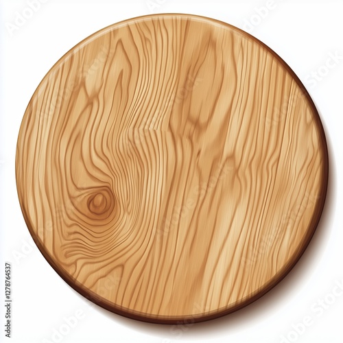 Realistic illustration of a round wooden kitchen cutting board with natural wood grain, polished surface, and clean white background