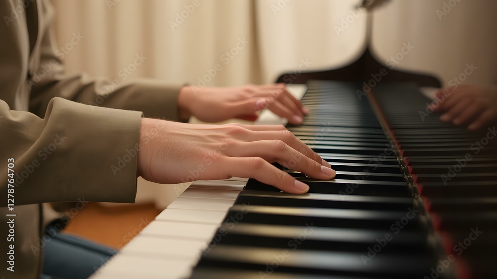Fototapeta premium Melody in Motion: A pianist's hands gracefully dance across the keys, filling the room with a symphony of sound and emotion, the light warmly illuminating the scene.