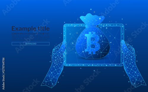 Hands holding tablet as abstract concept of saving or financial gain with bitcoin. Money bag with rupee coins in low poly style