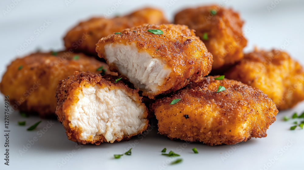 Fried chicken nuggets on a white table. Fried chicken nuggets on a white table.
