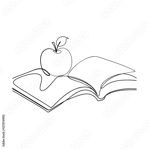 Singleline drawing Apple resting on open book, knowledge, education