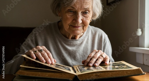 Elderly Woman Contemplating with Photo Album in Dim Light